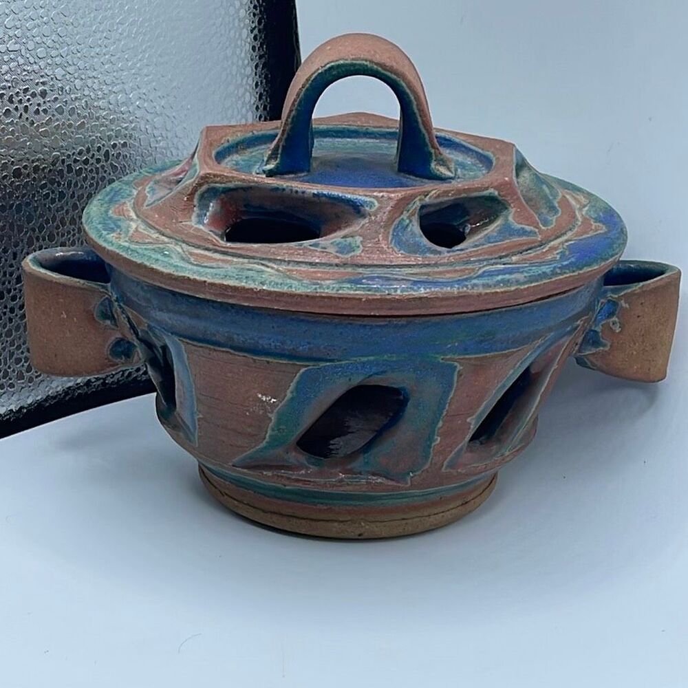 Handmade studio art pottery garlic keeper lidded earthy blue terracotta